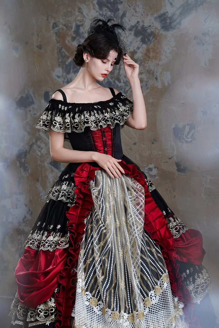 Crimson & Noir Off-Shoulder Short Sleeve Ruffled Mesh Victorian Lolita Palace Dress