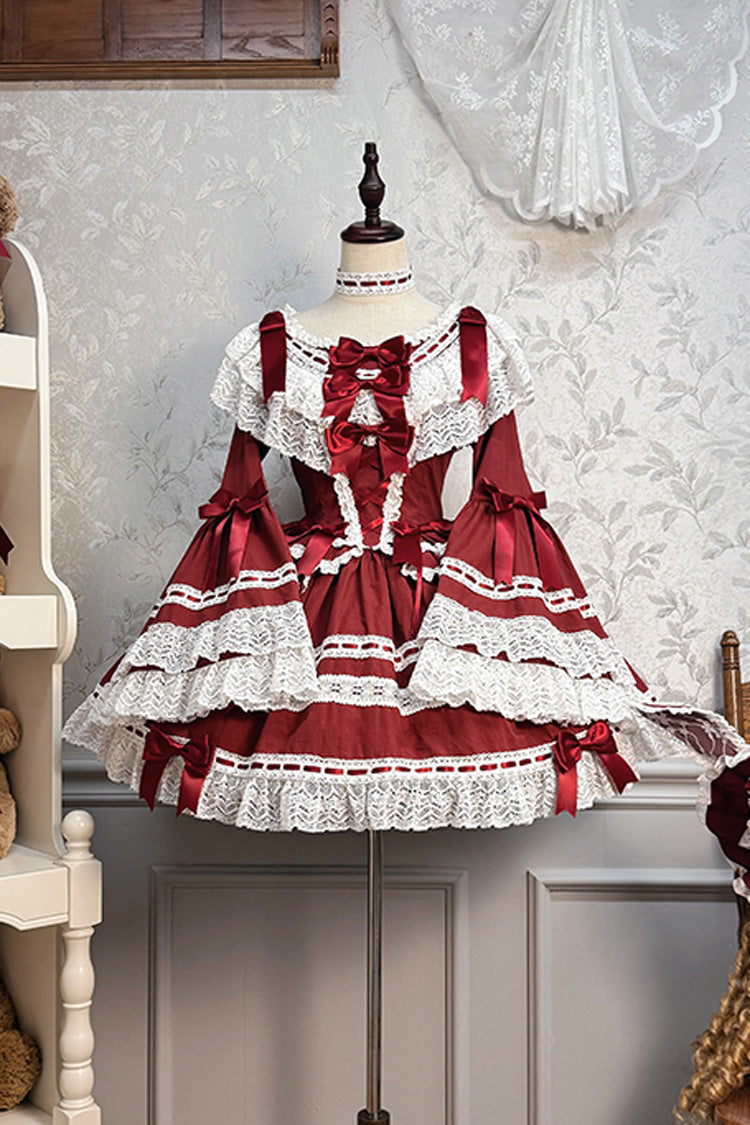 Burgundy Rabbit Sleeping Doll Print Flared Sleeves Ruffle Bow Lace Sweet Lolita Dress