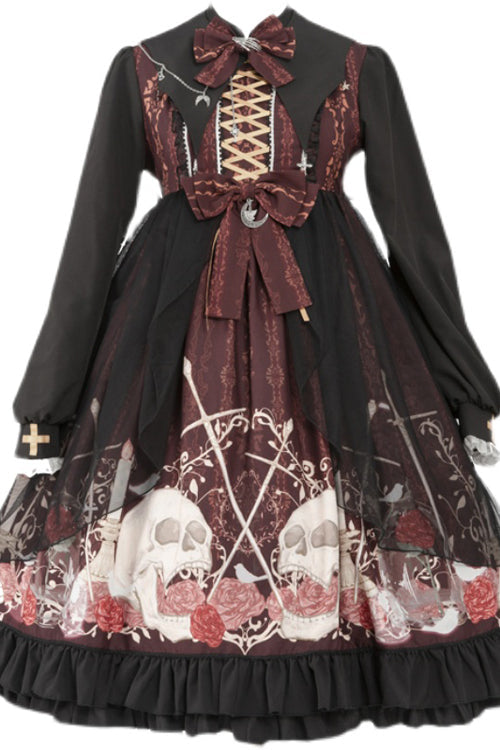 Crimson Noir High-Waist Printed Lolita OP Dress with Lapel Collar