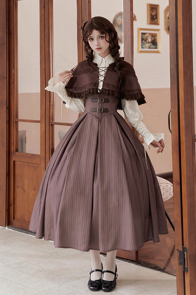 Chocolate Striped Print Breast Support Long Lolita Dress - Manchester City's Past