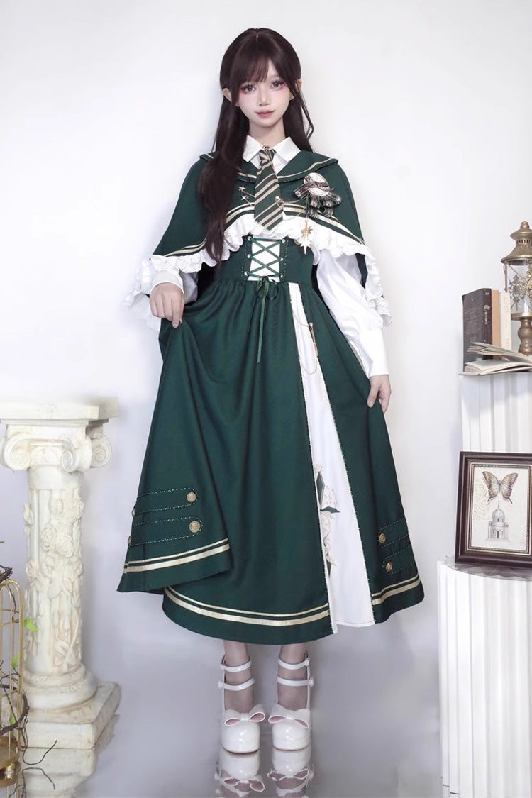 Emerald Time Traveler Print College Style Sweet Lolita Strap Gown 4 Piece Set
