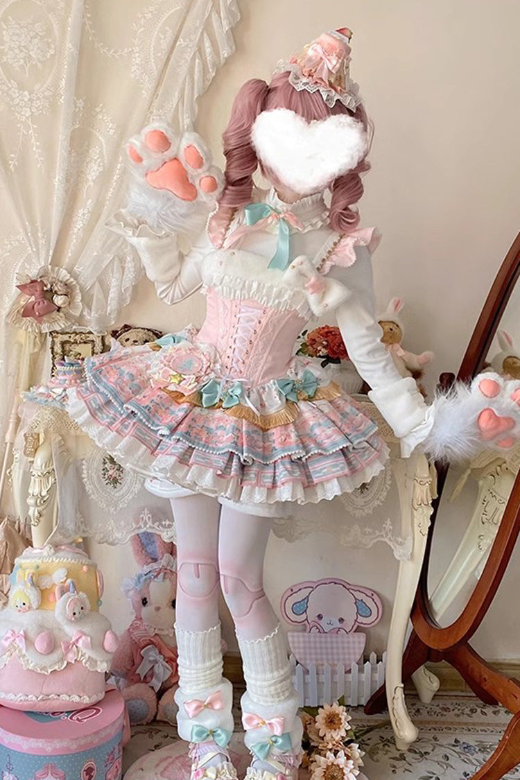 Candy House Multi-Layer Print Ruffle Bow Lace-Up Ballet Lolita JSK