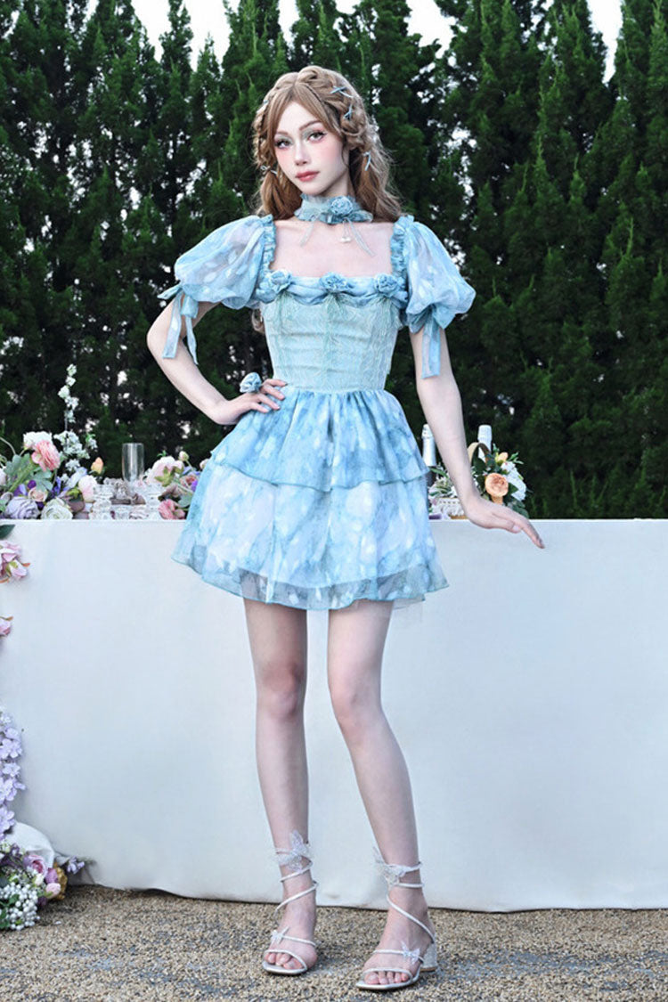 Azure Square Neck Short Puff Sleeve Multi-Layer Print Ruffle Tie-Dye Princess Lolita