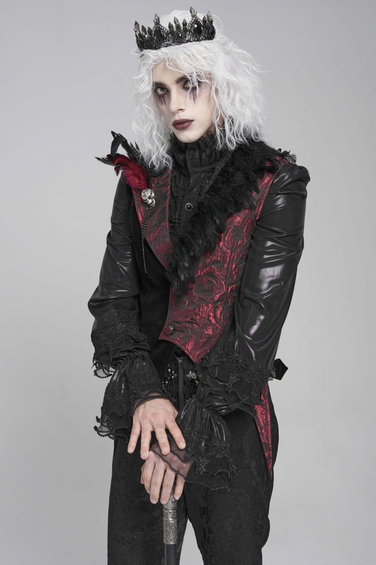 Men's Gothic Vest with Rose Print and Contrast Color, Detachable Feather Accessory