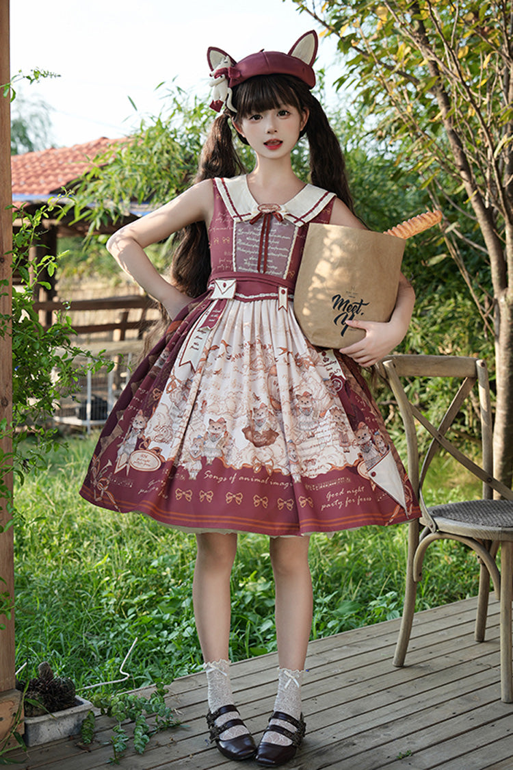 Burgundy Fox Band Print Square Collar Bow Classic Lolita Jumper Dress