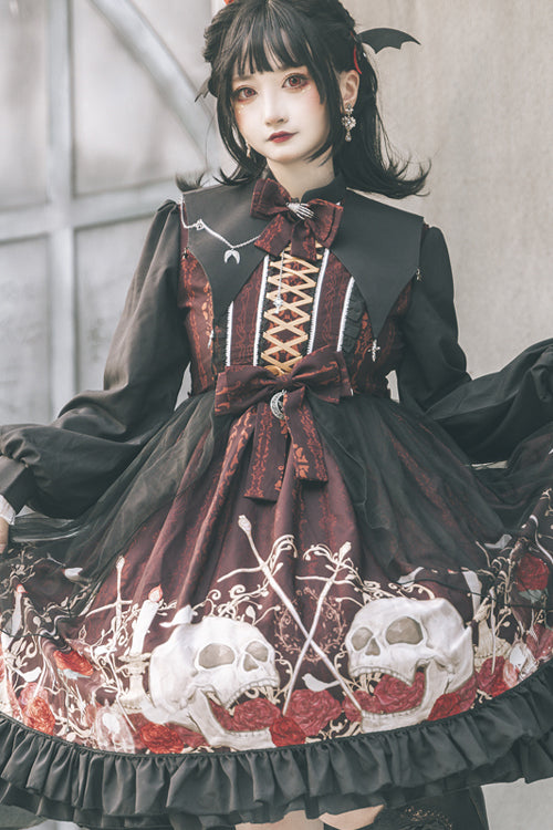 Crimson Noir High-Waist Printed Lolita OP Dress with Lapel Collar