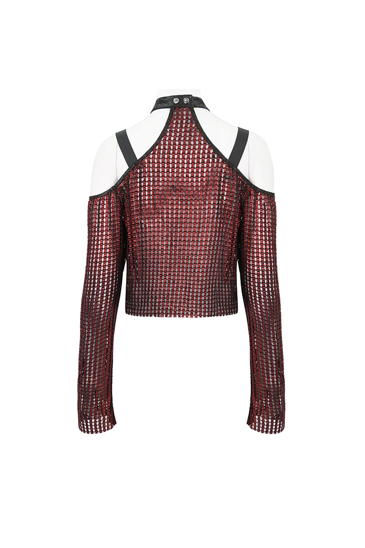Crimson Gothic Crop Top with Buckle Details and Sheer Fabric