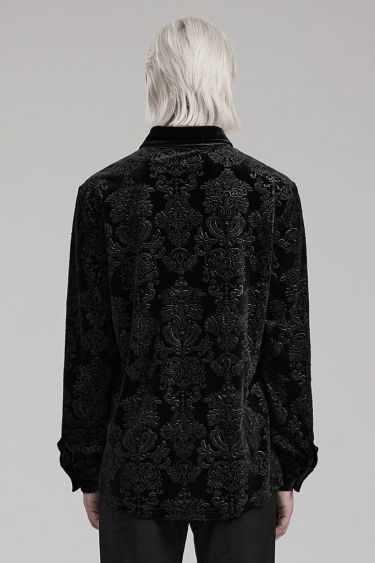 Gothic Men's Velvet Blouse with Embossed Print - Long Sleeve - Dual Colors