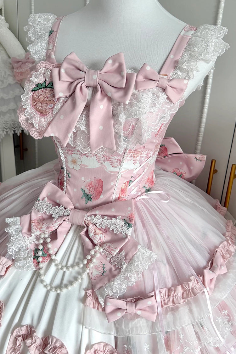 Berry Sweet Wish Square Collar JSK Set, Pearl Decorated Bow Lace Ruffled Print
