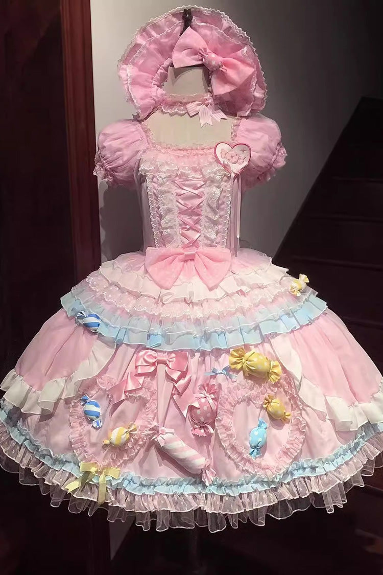 Candy Party Short-Sleeve Multi-Layer Ruffle Bow Lace-Up Lolita Dress
