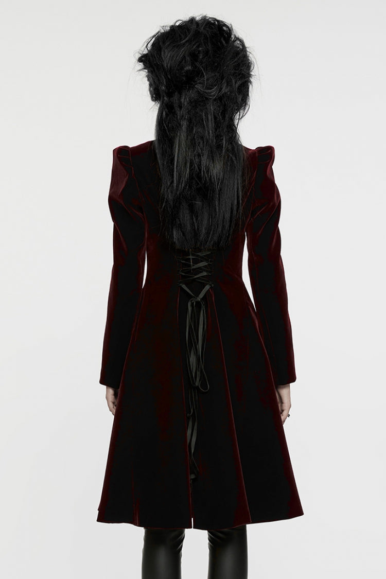 Crimson Noir Floral Embroidered Puff-Sleeve Women's Gothic Overcoat