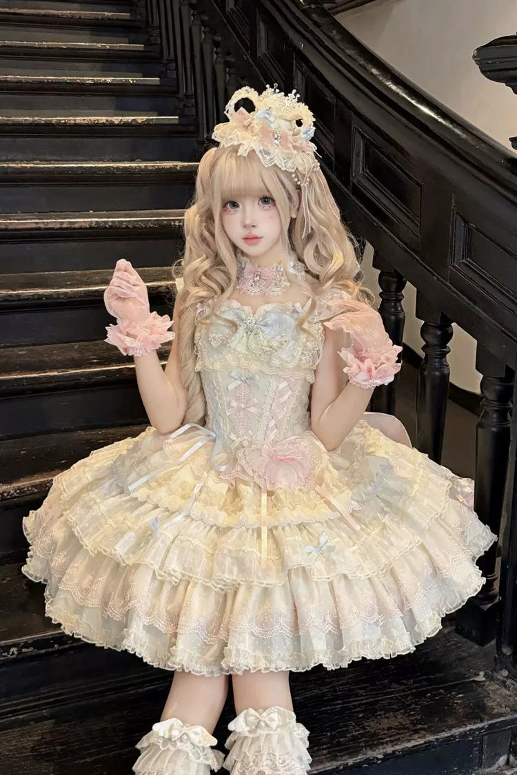 Cloudwhale Dreamweaver Square Collar Multi-Layered Ruffled Bow Lace Sweet Lolita Jsk Dress