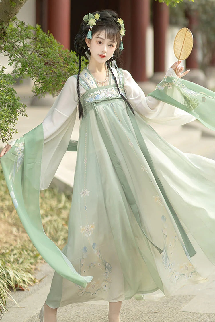 Emerald Trumpet Sleeves High Waist Printed Embroidered Sweet Chinese Hanfu Gown Full Set