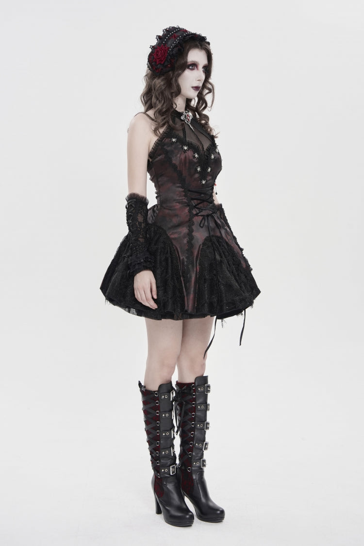 Crimson & Noir Off-Shoulder Strapless Lace-Up Pleated Gothic Gown with Embroidered Trim