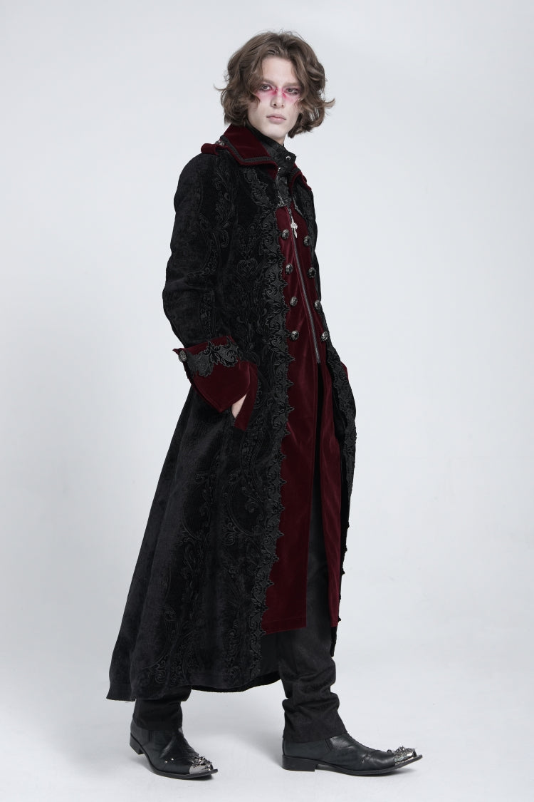 Crimson Noir Zipper Embroidery Lapel Collar Men's Gothic Coat