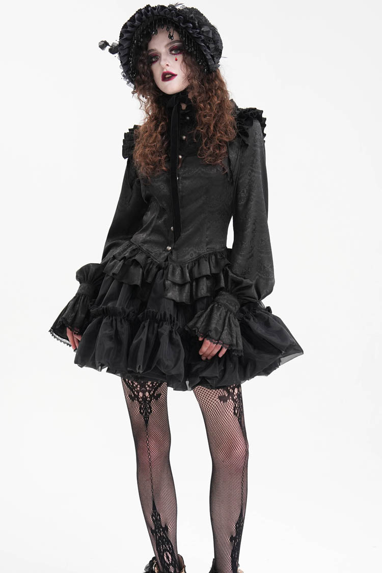 Women's Gothic Blouse with Ruffle Lace and Print, Long-Sleeve Victorian Style