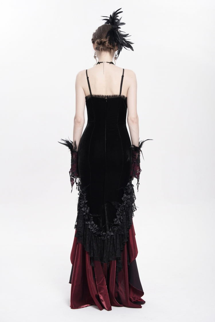 Crimson Gothic JSK with Embroidered Lace and Sleeveless Bardot Neckline