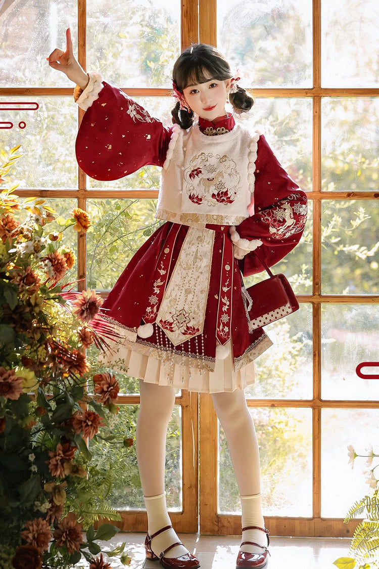 Ruby Embroidered Hanfu Ensemble with Bell Sleeves and High Waist