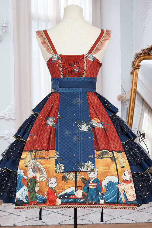 Azure Ukiyoe Feline Wave Print Strapless Layered Lolita Jumper Dress
