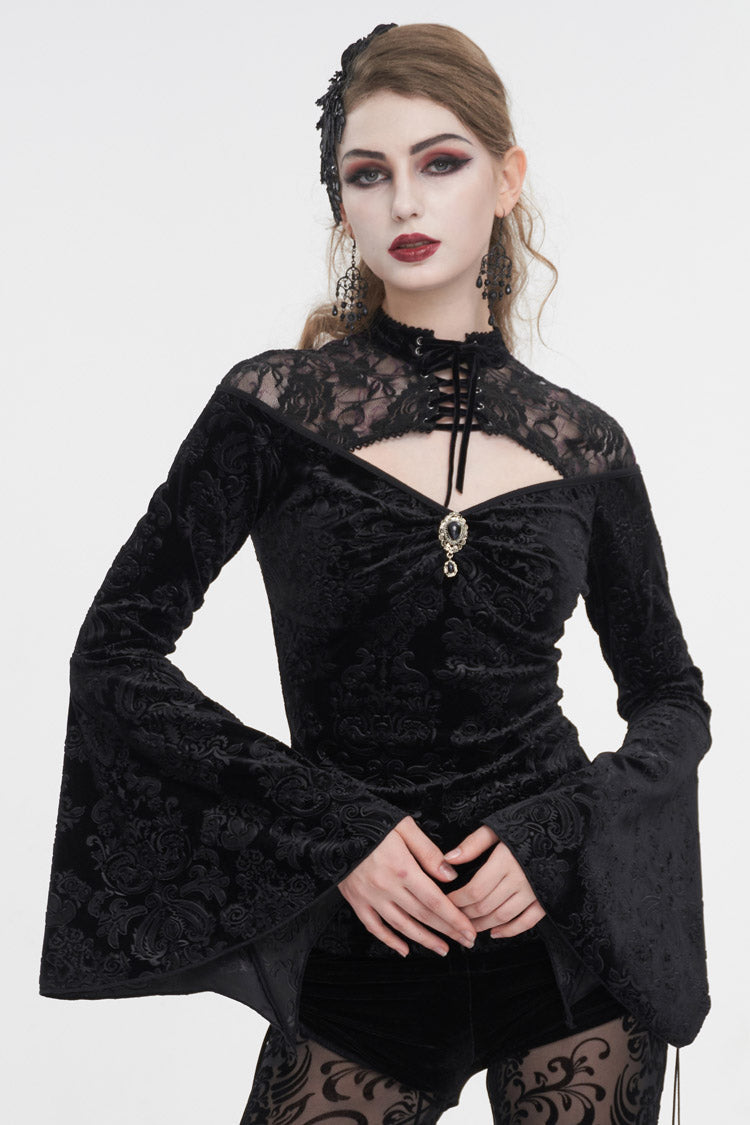Gothic Shirt with Cutout Round Collar Flared Sleeves and Embossed Floral