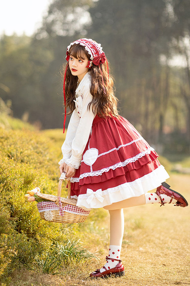 Burgundy Bow-Trimmed High-Waist Lace Sweet Lolita Jumper