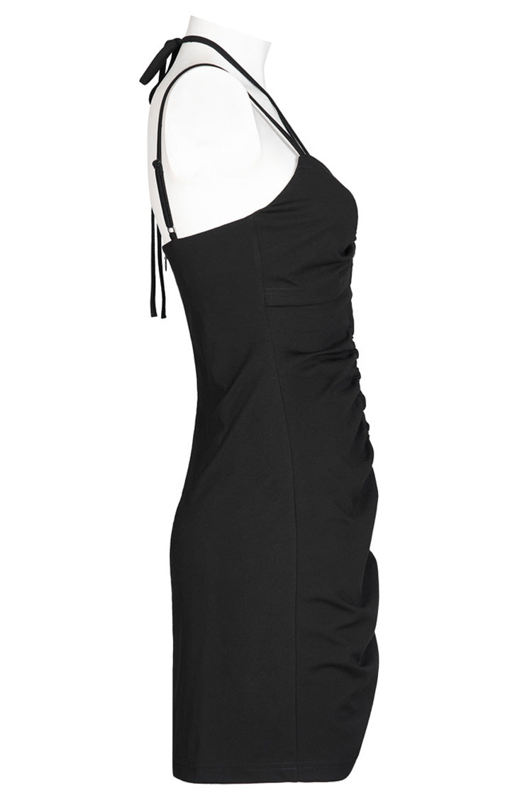 Punk Dress with Knitted Stretch Hollow Design Drawstring and Halter Neck