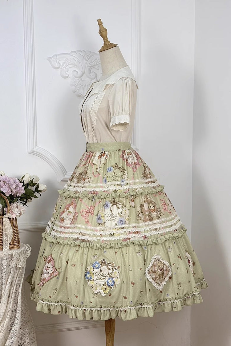 Emerald Cat Rose Tea Printed Ruffle Sweet Gorgeous Lolita Skirt