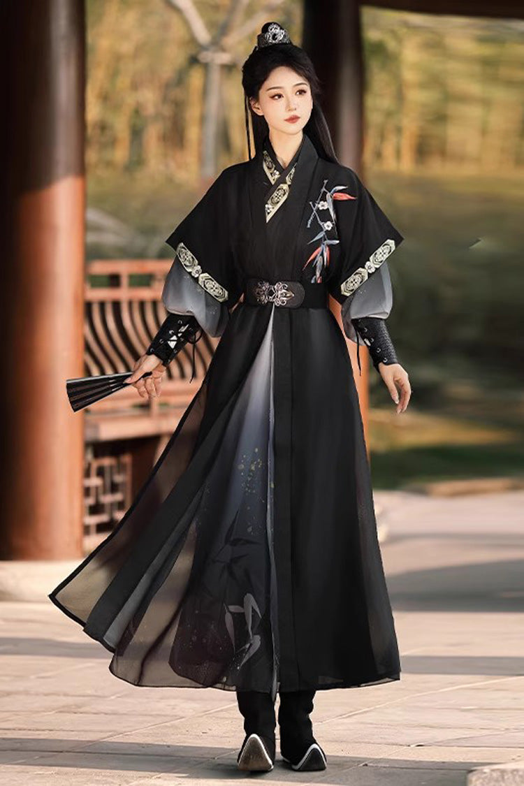 Vintage Hanfu Dress Set with Cross-Collar Gradient Embroidery & Knight Style