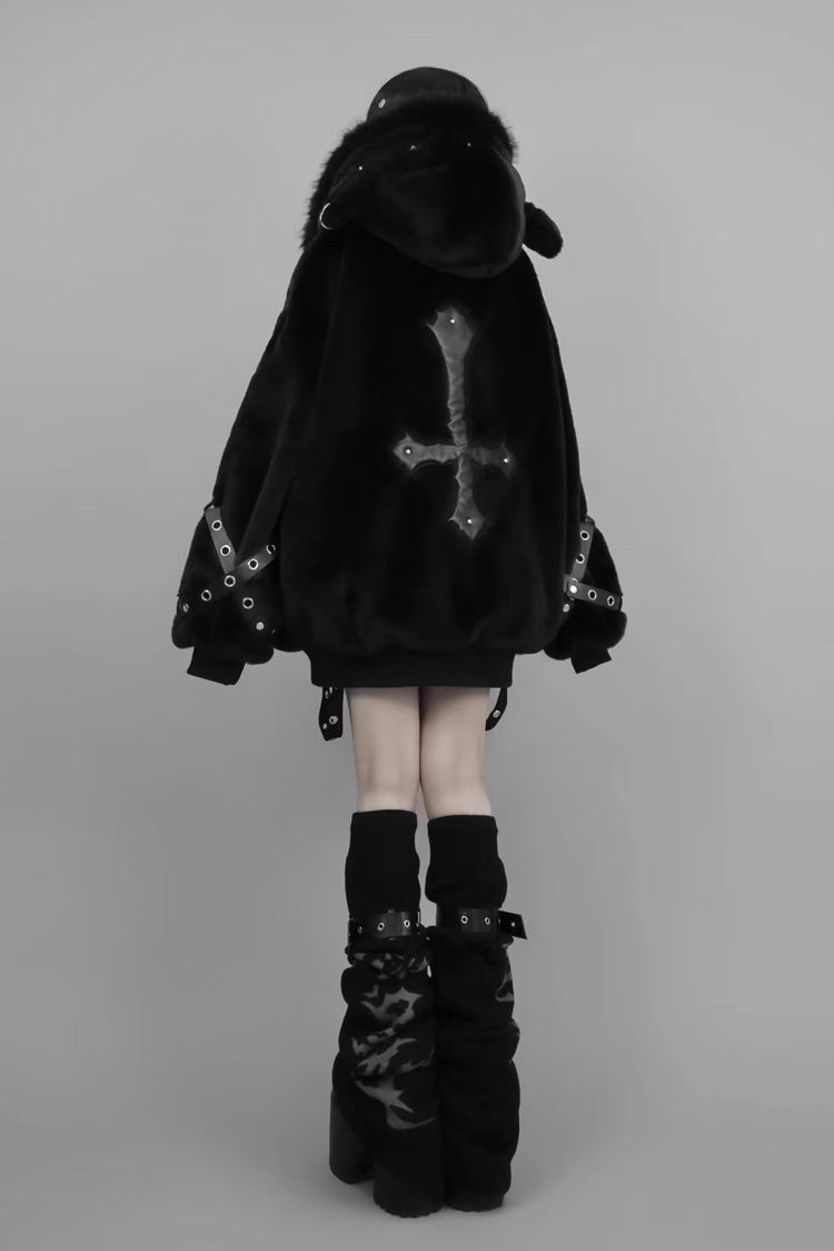 Japanese Jirai Kei Coat with Lamb Ears Hood and Rivets, Extended Sleeves