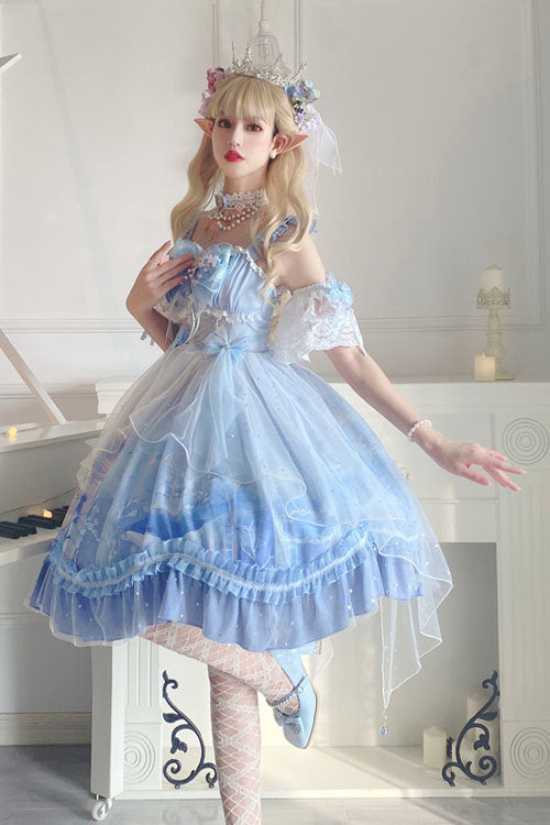 Ocean Whale Print Bowknot Multi-Layered Ruffled Princess JSK