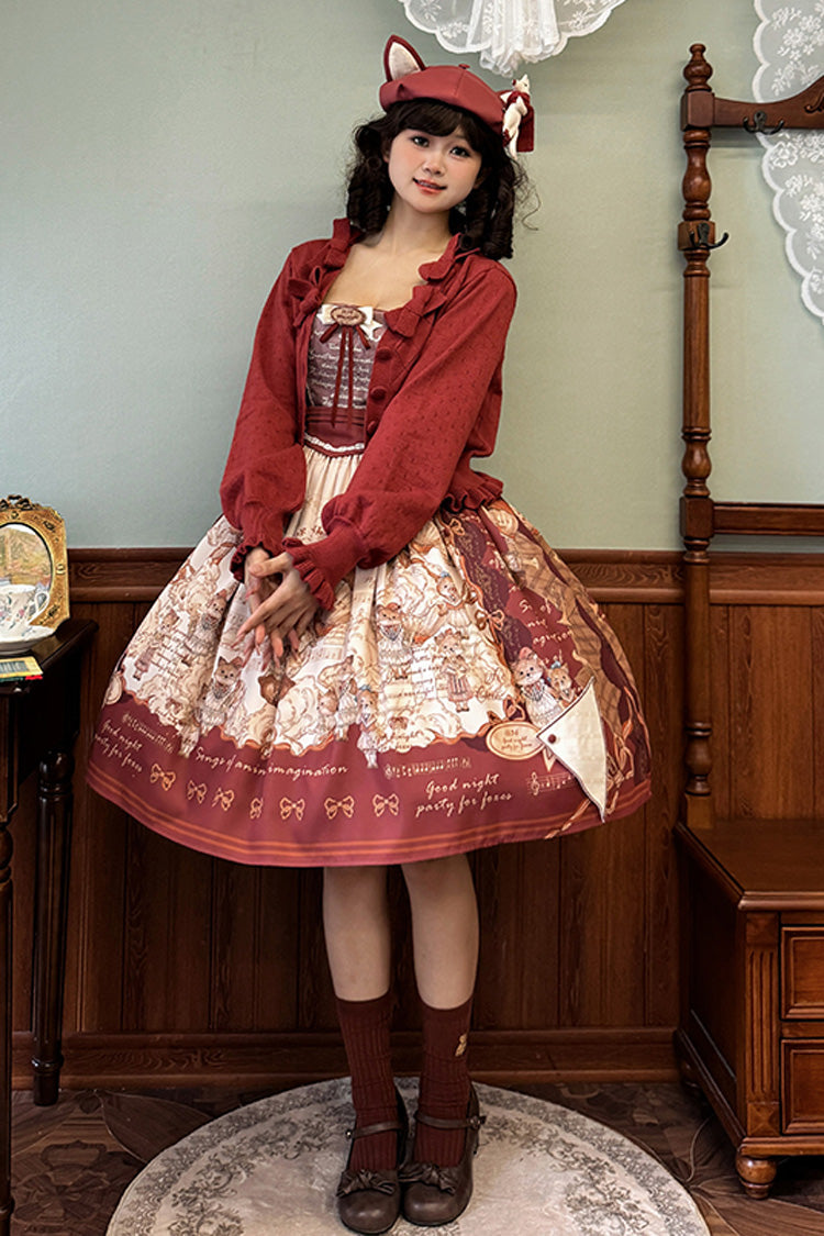 Burgundy Fox Band Print Square Collar Bow Classic Lolita Jumper Dress