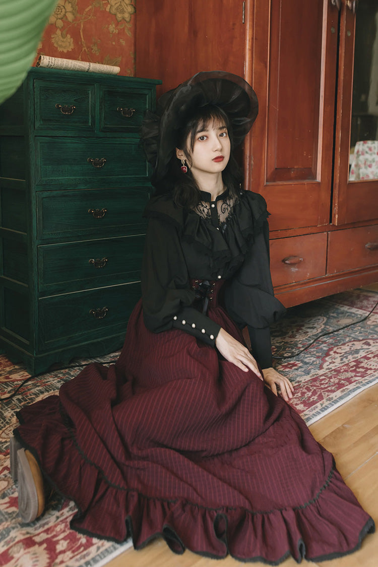 Crimson Noir High-Waist Lace Print Vintage Lolita Skirt Set with Long Sleeves