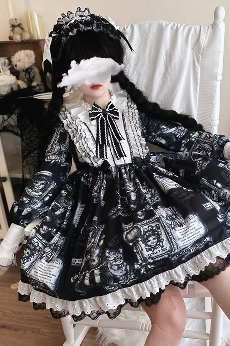 Print Long Sleeve Ruffle Bow Gothic Princess Dress - Antique Cat