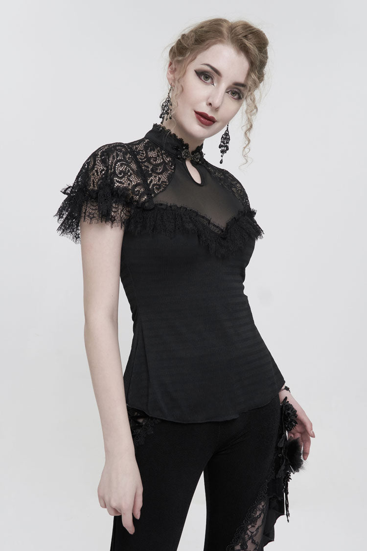 Women's Gothic Cheongsam-Style Slim T-Shirt with V-Neck and Raglan Mesh Sleeves