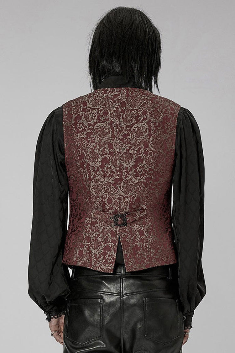 Crimson V-Neck Sculpted Jacquard Vest with Double Button Row