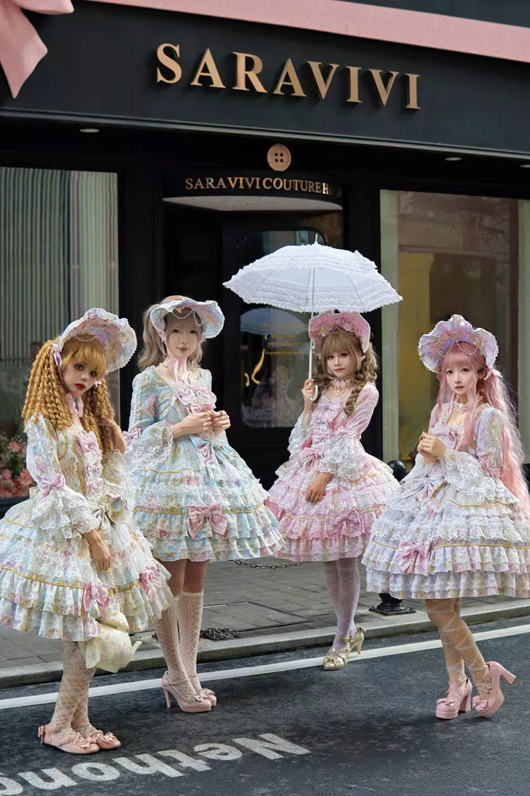 Candlelight Elegance Long Trumpet Sleeve Multi-Layer Ruffle Bow Lace Elegant Lolita Dress