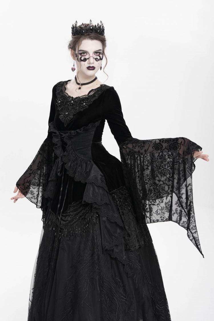 Beaded Pleated Gothic Blouse with Lace-Up Front and Extended Sleeves