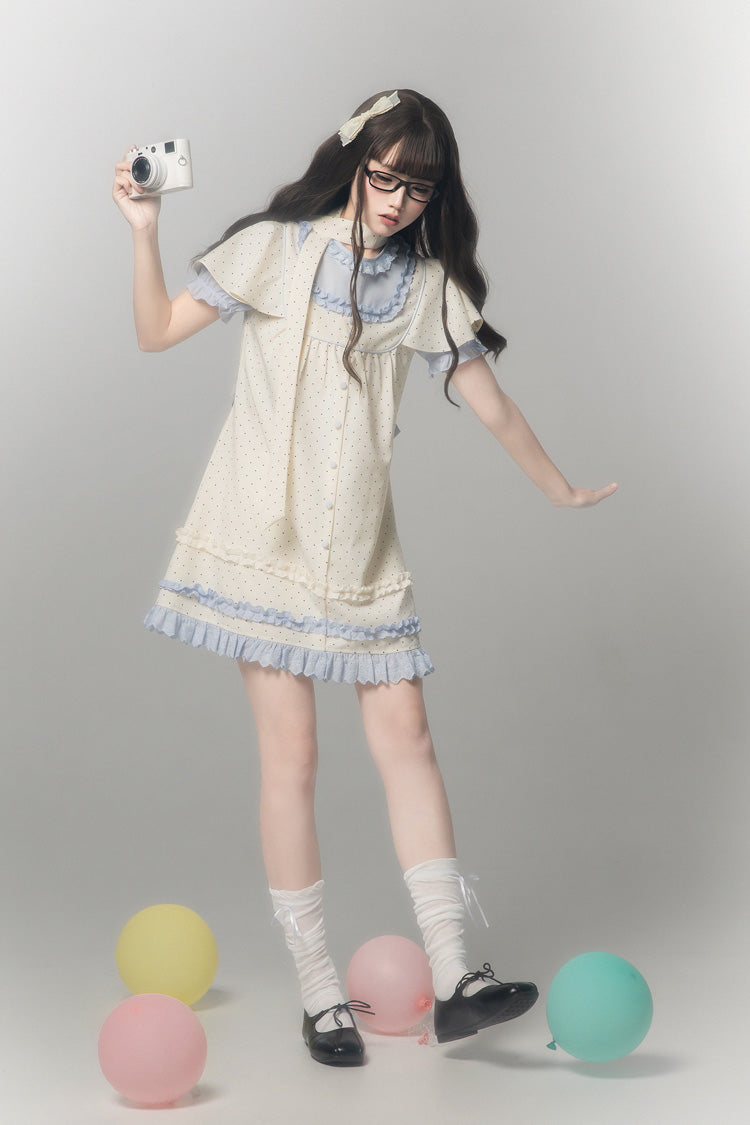 Polka Dot Bouclé Printed Ruffled Faux Two-Piece Sweet Japanese Lolita Dress with Round Collar and Long Sleeves