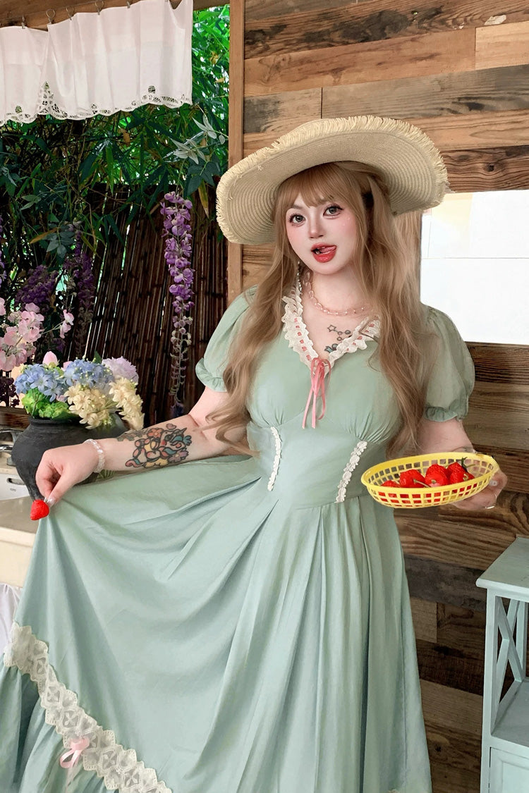 Emerald V Collar Short Sleeve Ruffled Lace Sweet Plus Size Lolita Gown