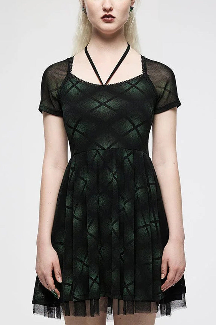 Emerald Short Sleeve Plaid Print Stitched Mesh Punk Dress for Women