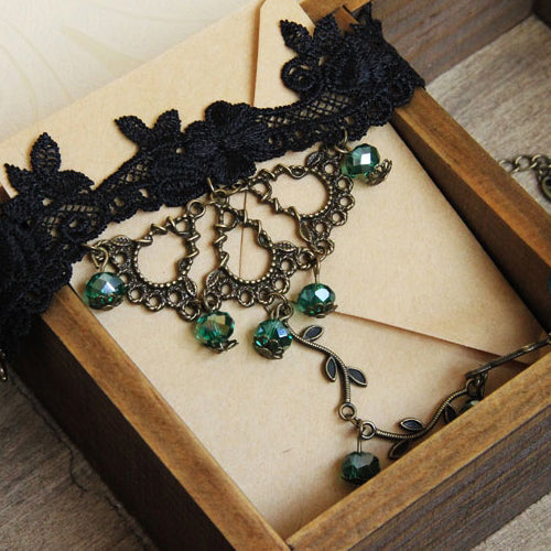 Gothic Lolita Bracelet and Ring Set with Green Beads and Lace