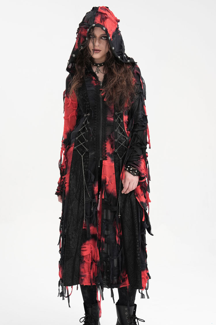 Crimson & Noir Long Sleeve Lace Distressed Zippered Punk Coat