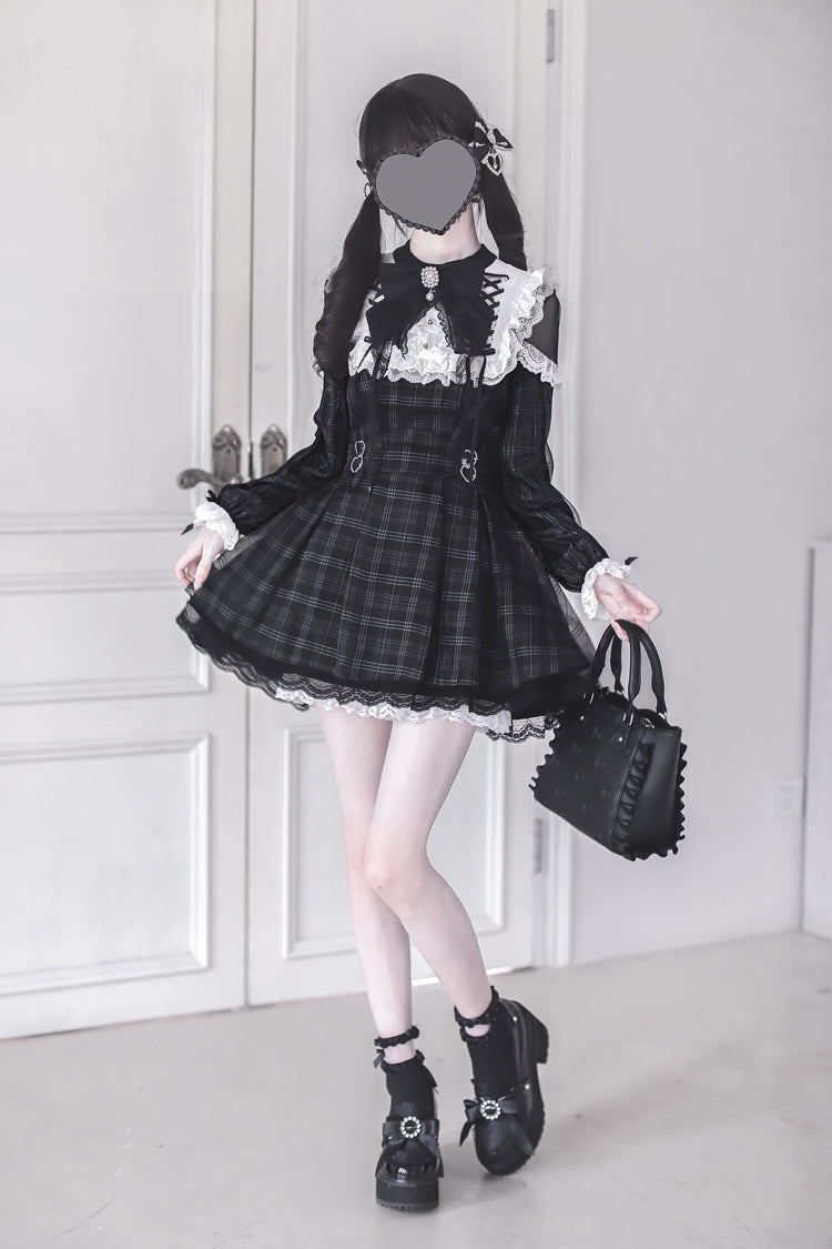 Plaid Print Ruffle Bow Sweet Jirai Kei Dress - Angel Heartbeat