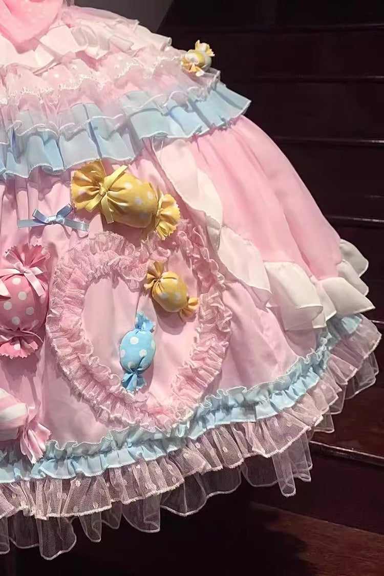Candy Party Short-Sleeve Multi-Layer Ruffle Bow Lace-Up Lolita Dress