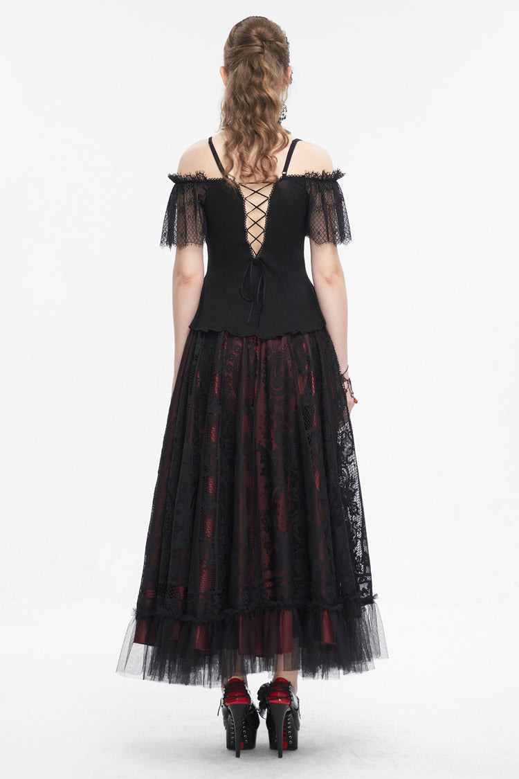 Crimson & Noir Off-Shoulder Lace Round Collar Panel Gothic Shirt