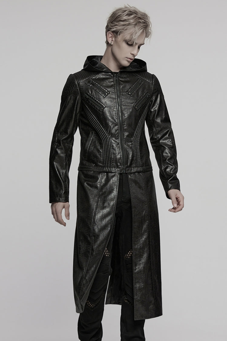 Men's Punk Coat with Ruched Faux Leather, Hooded and Detachable, Long Sleeve