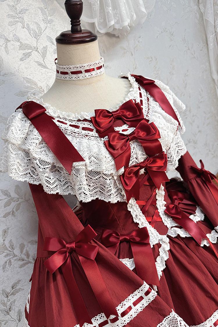 Burgundy Rabbit Sleeping Doll Print Flared Sleeves Ruffle Bow Lace Sweet Lolita Dress