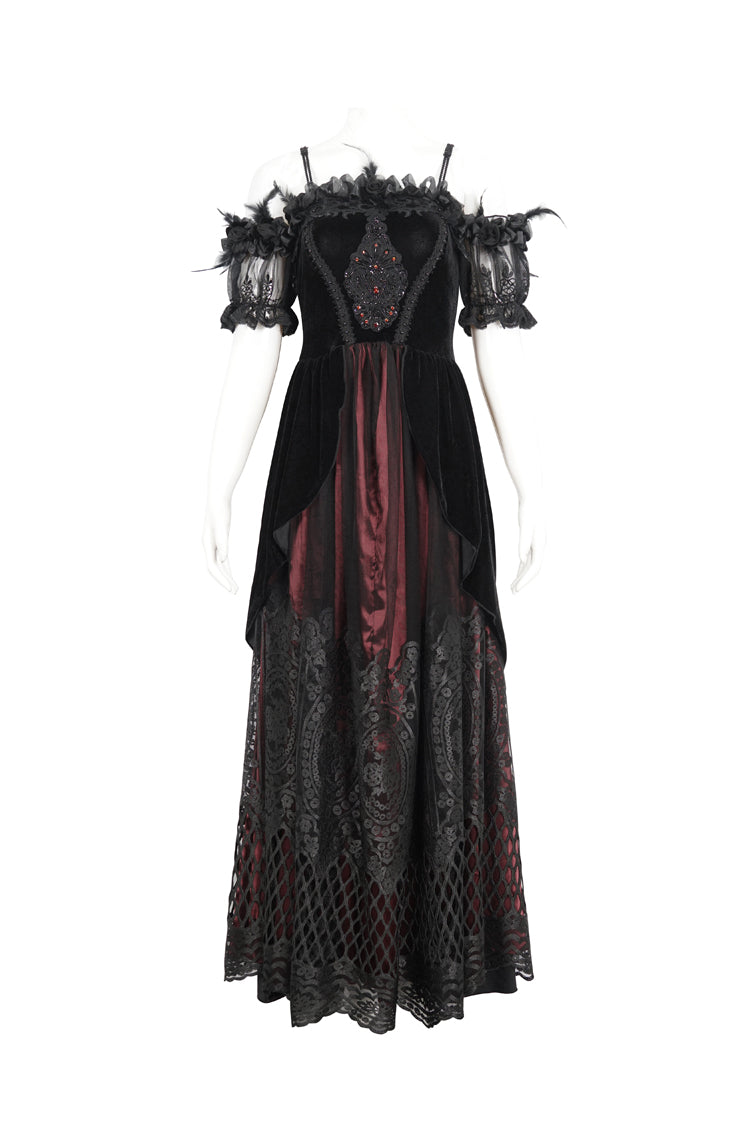 Crimson Gothic Dress with High Waist and Floral Lace Print