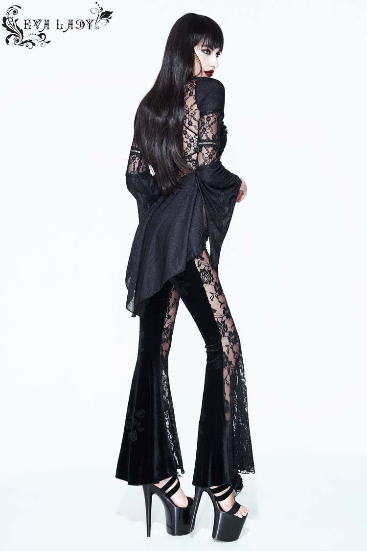 Transparent Mesh Long-Sleeve High-Low Lace Blouse
