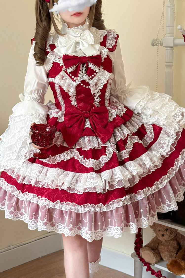 Burgundy Love and Heart Flutter Sleeveless Layered Ruffle Bow Lace Pearl Sweet Lolita JSK Gown